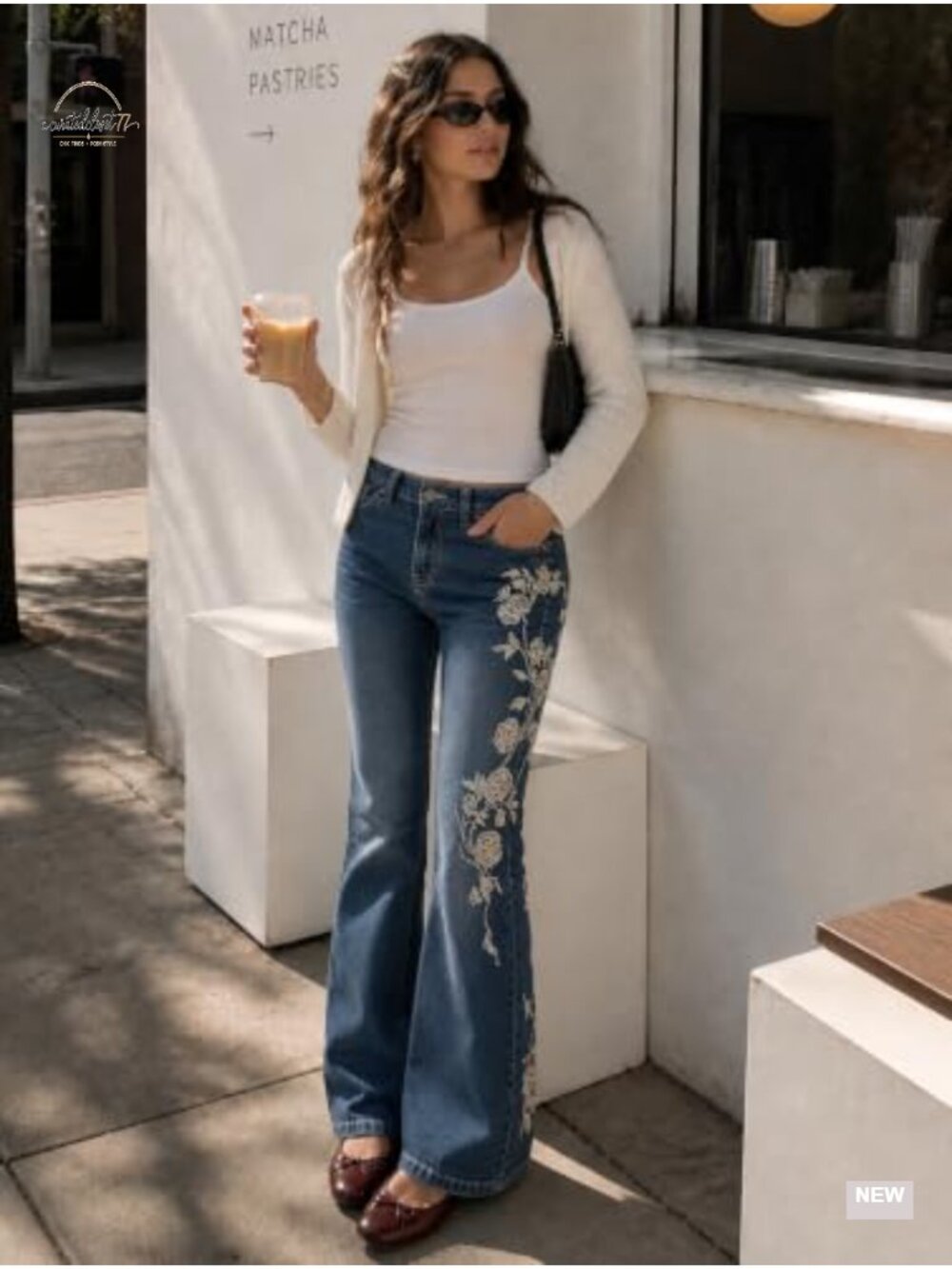 Women's Bell Bottom Jeans Stretchy Flare Mid Rise Embroidery Vintage Denim - Picture 4 of 6